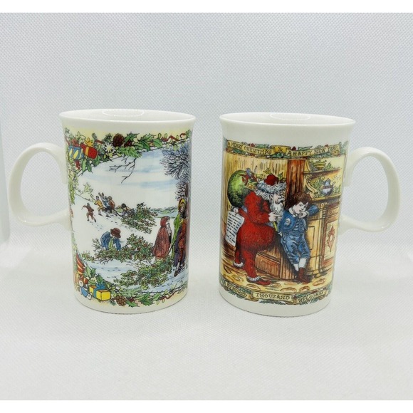Dunoon Scotland Christmas Mugs Series of Christmas Cheer 2 Tea Cups /Coffee Mugs - Picture 1 of 7